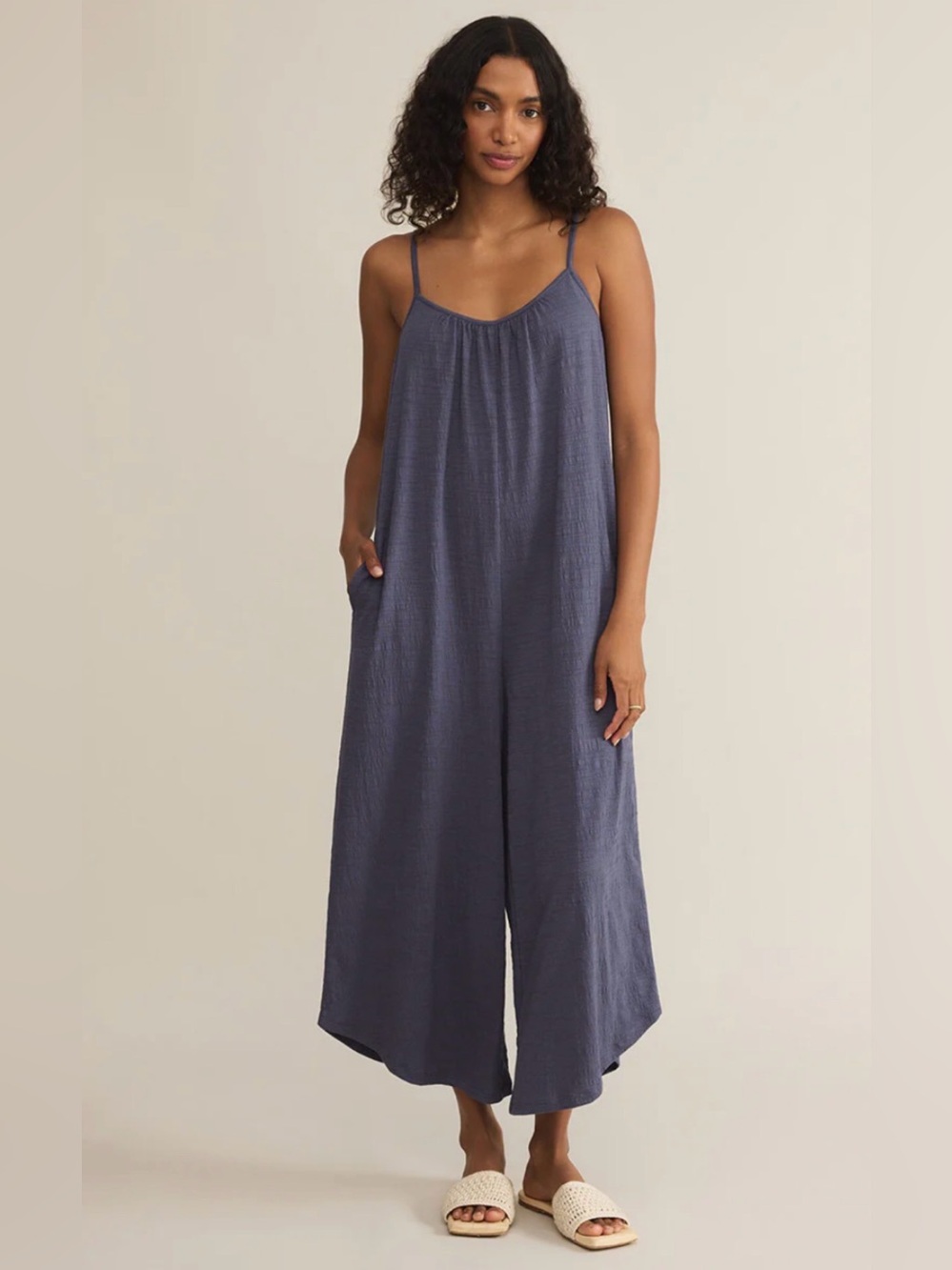 Z Supply Blue Textured Jumpsuit Size M Flared Wide Leg Adjustable Straps Boho